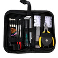 Black plastic case open to reveal 12 metal guitar repair tools including hex keys and screwdrivers