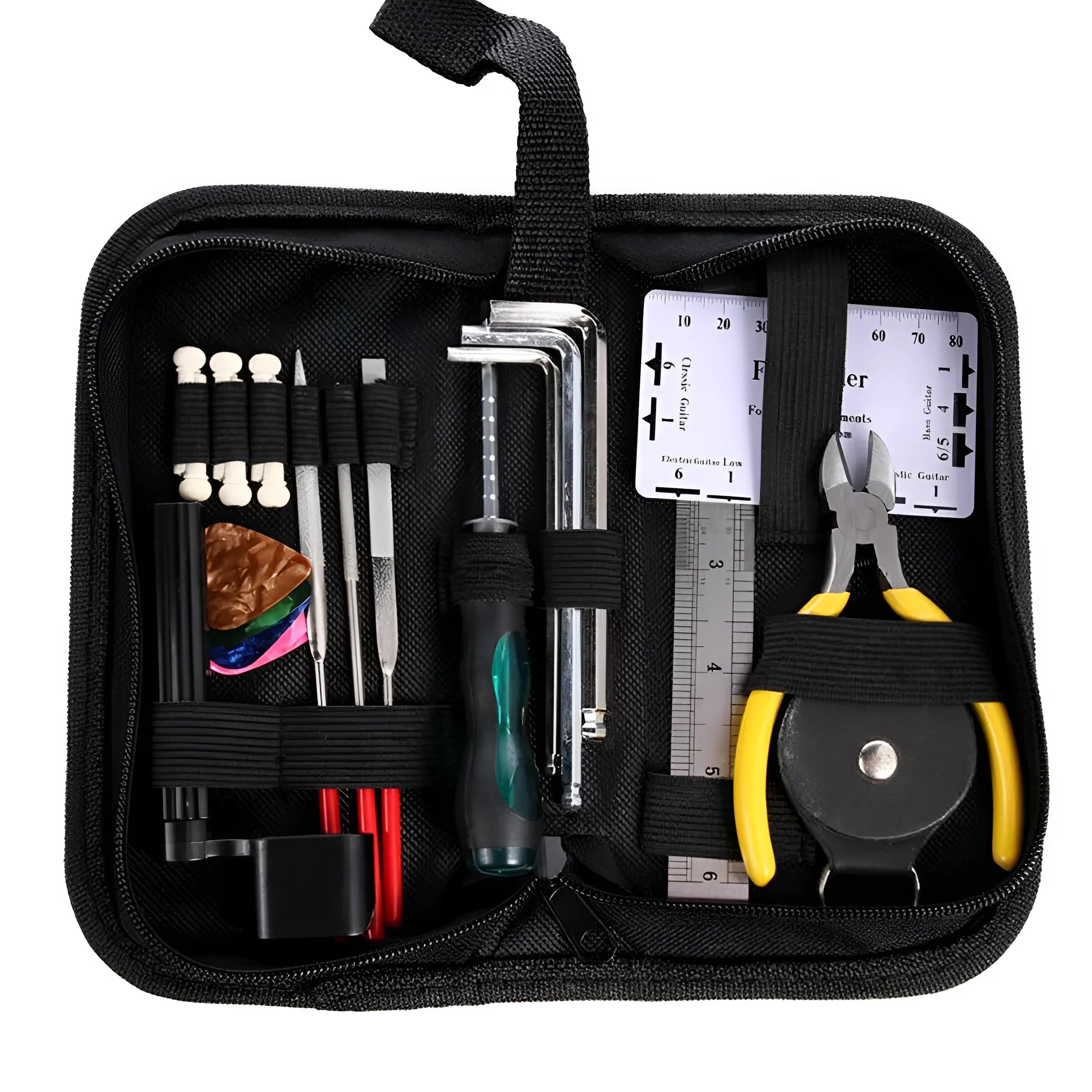 Black plastic case open to reveal 12 metal guitar repair tools including hex keys and screwdrivers
