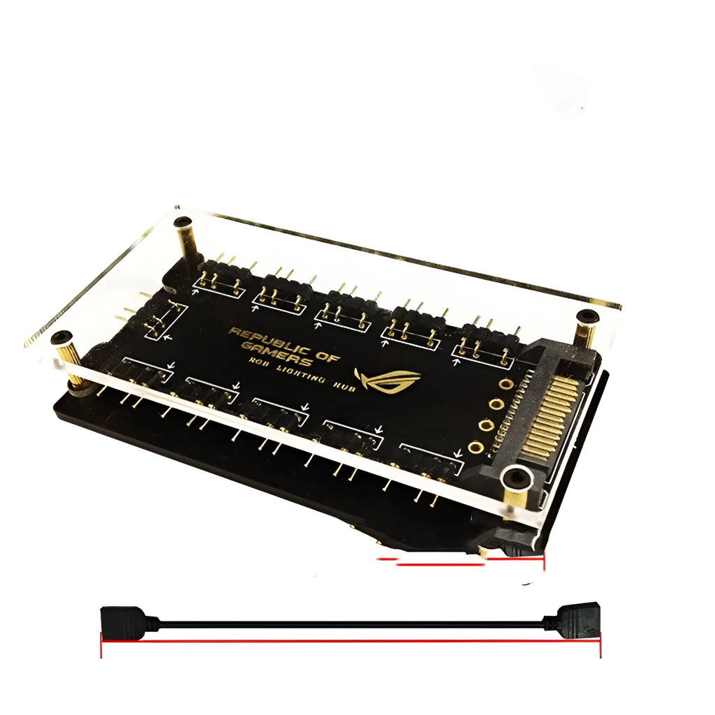 Black AURA RGB 10-port 5V SATA power supply hub for PC case lighting control
