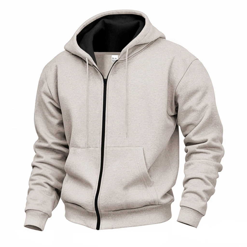 Men's velvet hooded zipper casual sweatshirt in light gray with wool lining and long sleeves