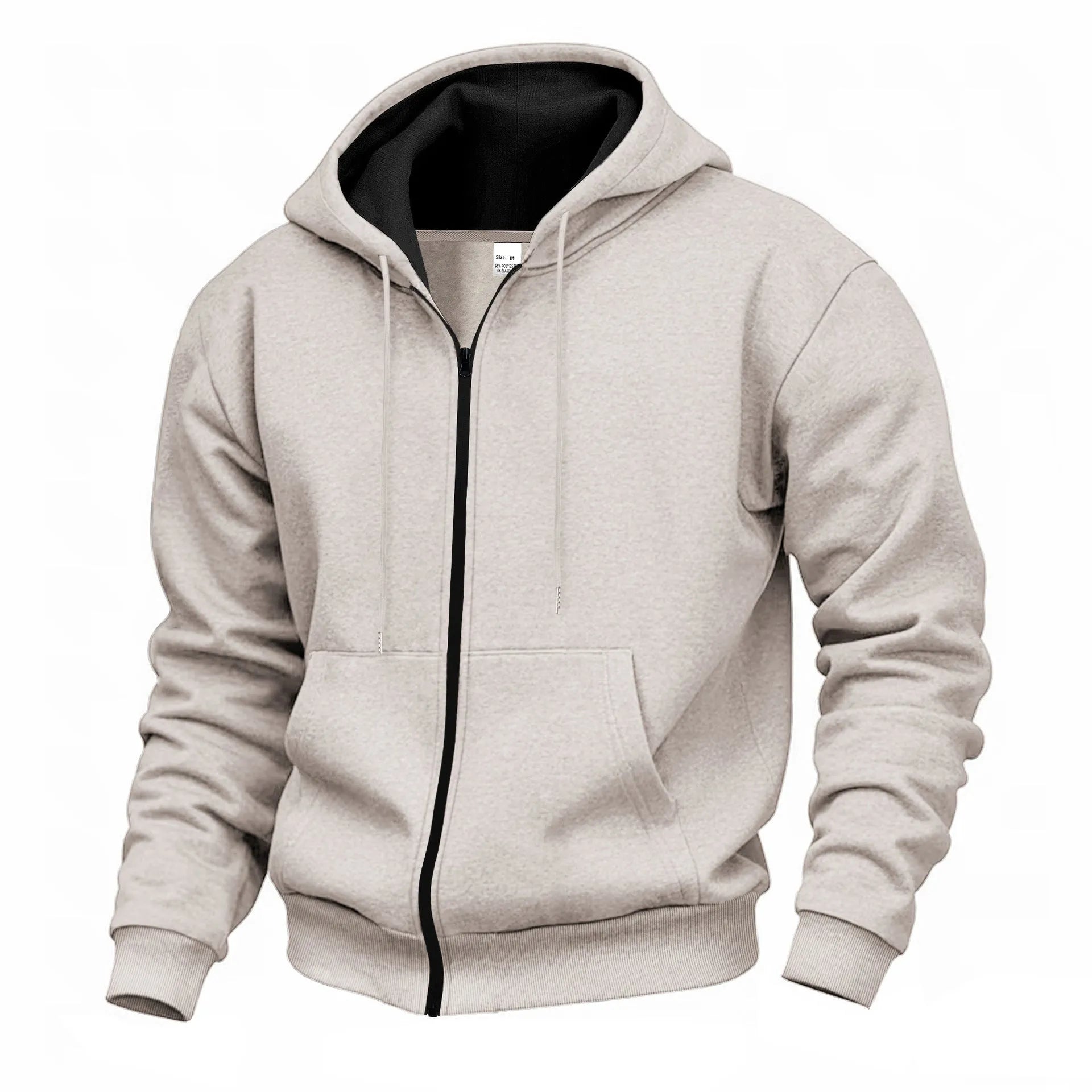 Men's velvet hooded zipper casual sweatshirt in light gray with wool lining and long sleeves