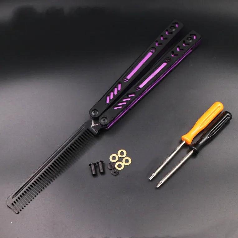 Unbladed aluminium handle butterfly knife trainer with G10 grip patches, shown in expanded 25.5cm position.