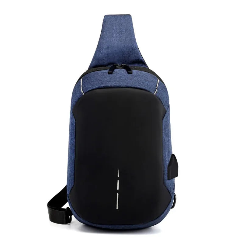 Dark blue Oxford cloth chest bag with a zip and adjustable strap, shown with a phone in its dedicated internal pocket.