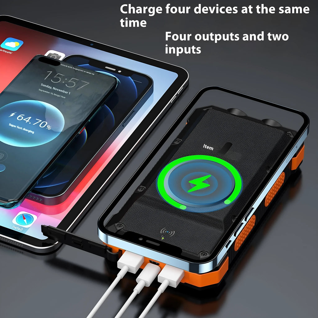 Solar magnetic wireless charger power bank 20000mAh with outdoor lighting in black, blue, green, orange, red options