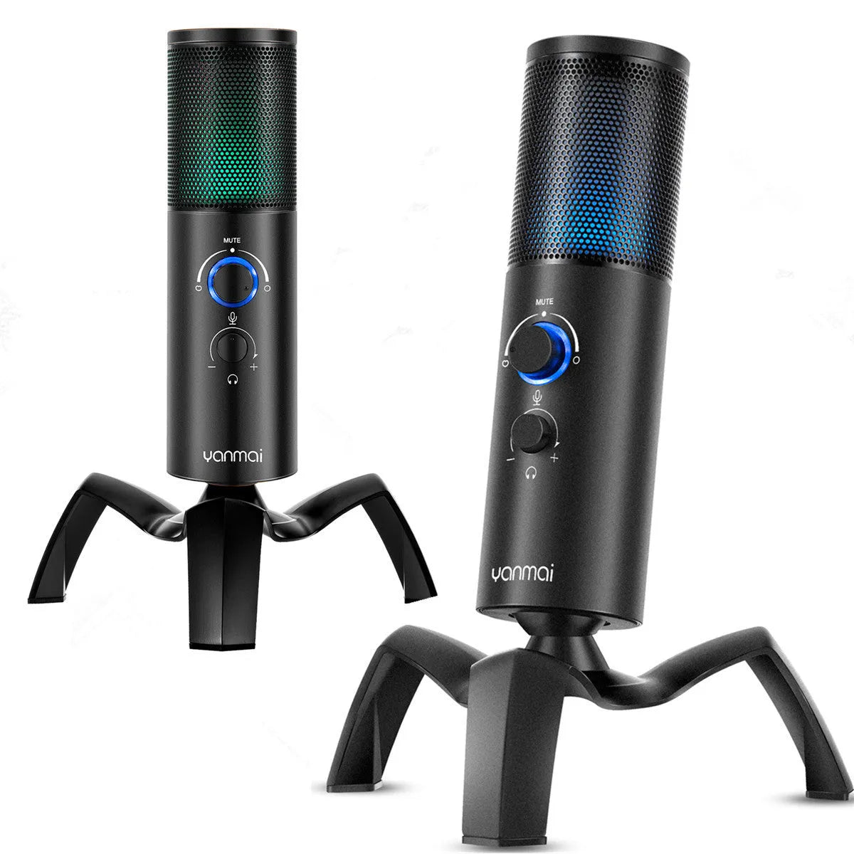 Black Q18 USB condenser microphone with RGB lights on a metal tripod stand.