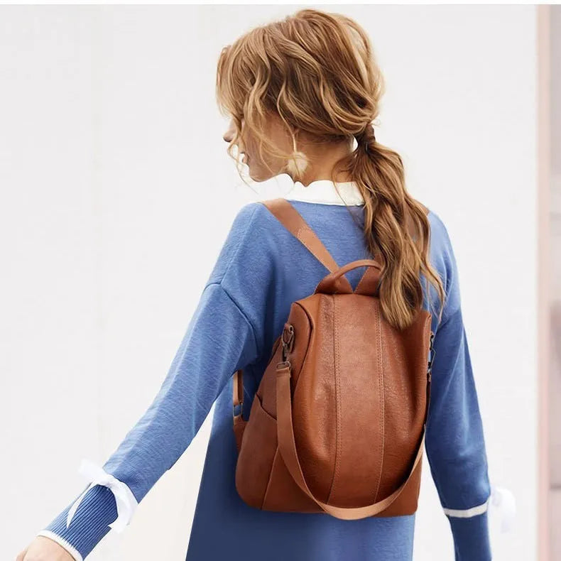 Women's solid colour large capacity PU leather backpack with zipper, black, 31x15x32cm