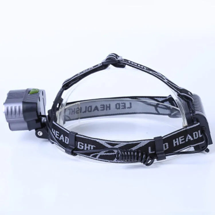 Fixed focus headlamp with head strap, showing long-range beam for outdoor camping.