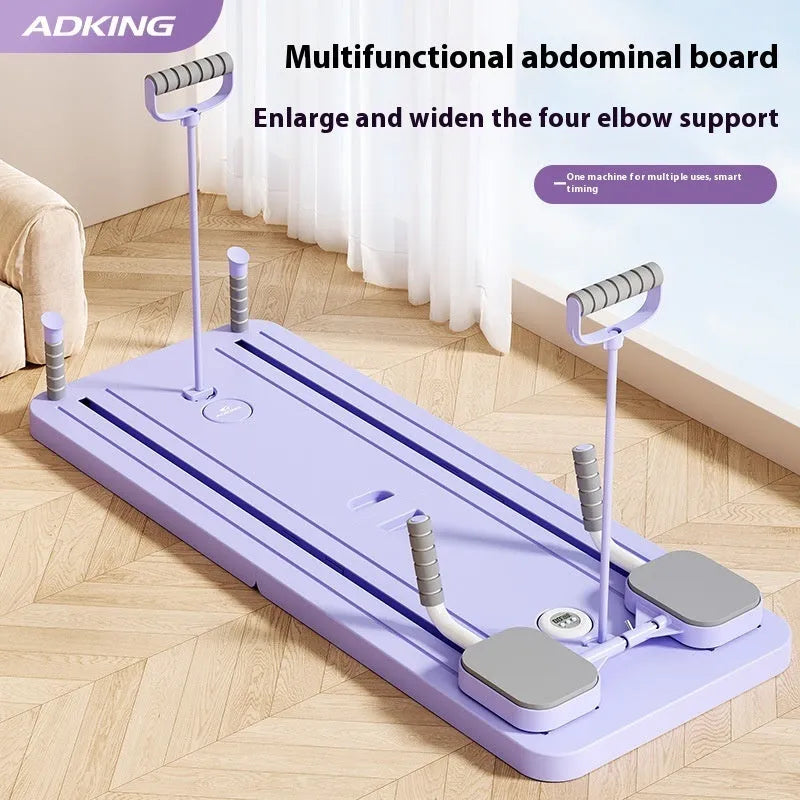 Purple automatic rebound abdominal exercise wheel on a grey floor for home fitness training.