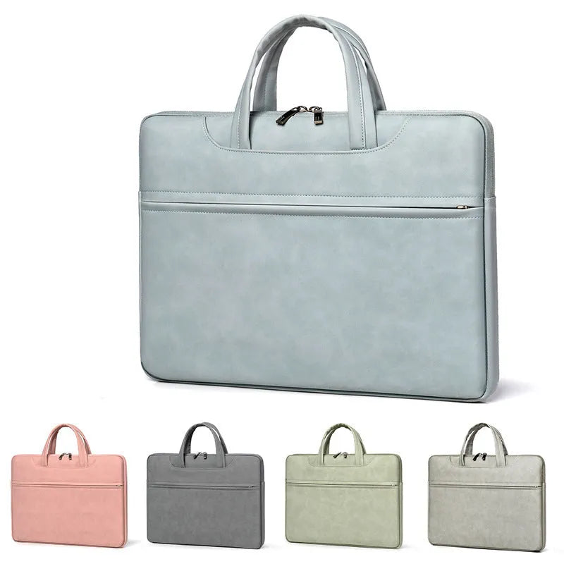 PU leather laptop case in light gray, one shoulder, with zipper closure and soft handle, 13 to 15 inch size options