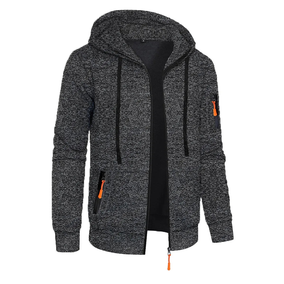Men's loose fit polyester fibre hooded cardigan coat in solid colour jacquard knit, front view