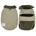 Dog wearing lapel turtleneck cotton-padded vest in khaki green colour for cold weather protection