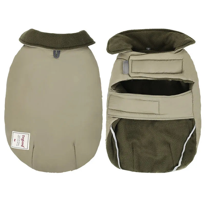 Dog wearing lapel turtleneck cotton-padded vest in khaki green colour for cold weather protection