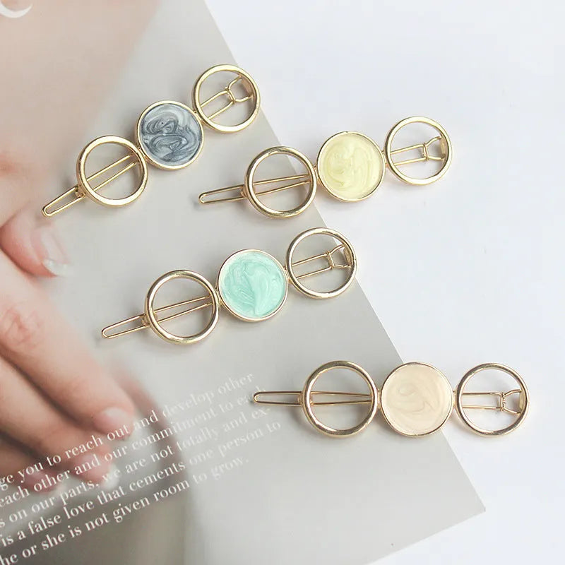 Round metal hairpin with opal crystal in silver plating, 7cm, beige colour, geometric shape