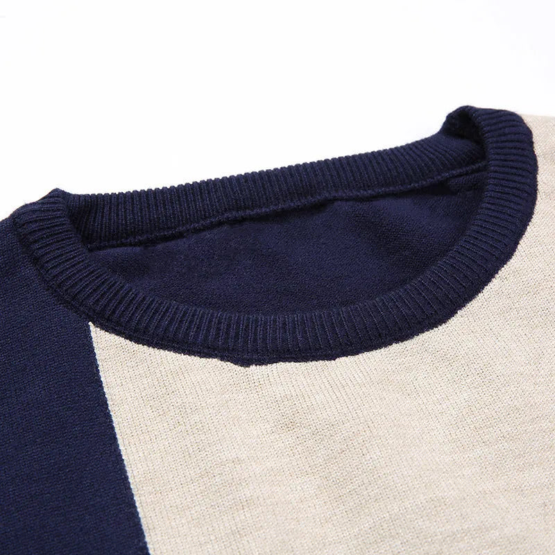 Men's wool crew neck pullover in black, dark blue, and red, sizes M to 3XL