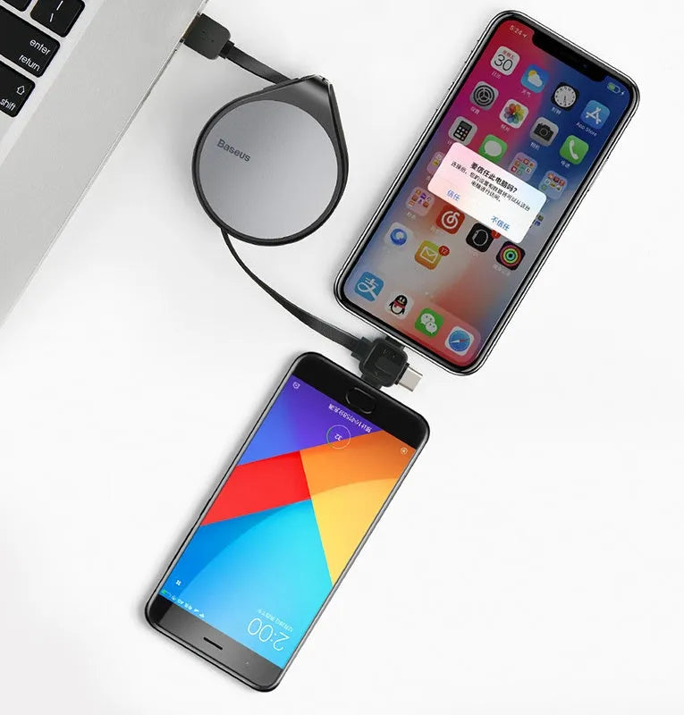 Telescopic three-in-one fast charging data cable extended to 1 metre length with retractable mechanism