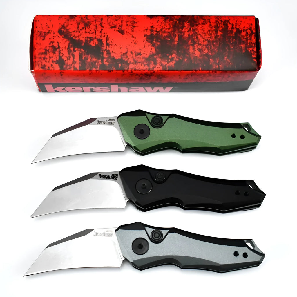 Outdoor folding knife with pocket clip, shown closed, in black, grey, and green colour options.