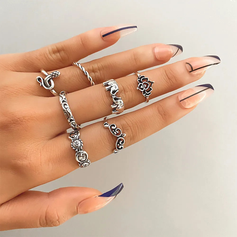 Retro alloy ring set for women with butterfly and snake geometric designs, opening rings pack
