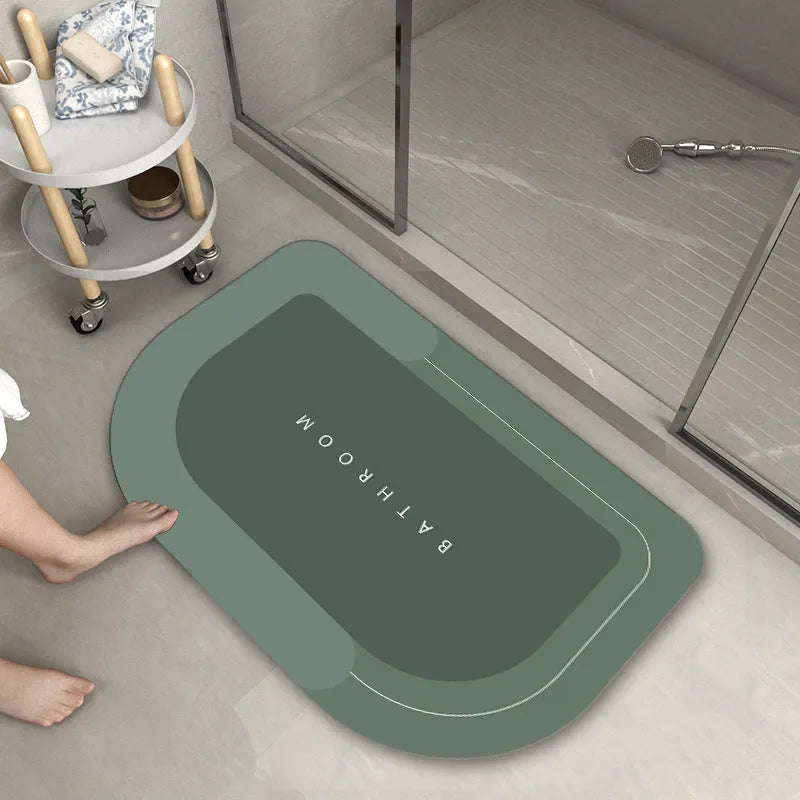 Baikal colour anti-slip bathroom floor mat in oval and rectangular shapes on tiled floor