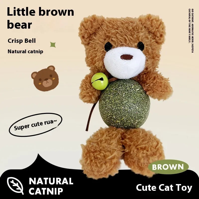 Brown bear plush cat toy with a catnip ball and bell inside on a white background.