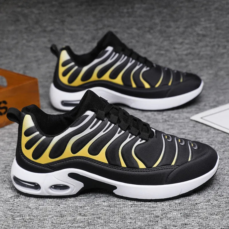Colour-blocked lace-up sneakers for men with breathable fabric upper, rubber sole, and air cushion support in black and grey