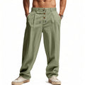 Men's breathable cotton linen loose leisure sports trousers in light khaki, high waist, straight leg