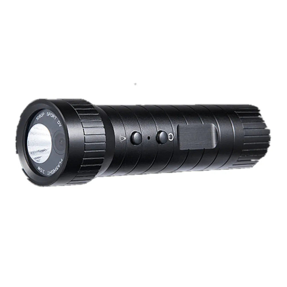 DV3000 flashlight sports camera with black metal body, 120 degree wide angle lens, and 2200mAh battery