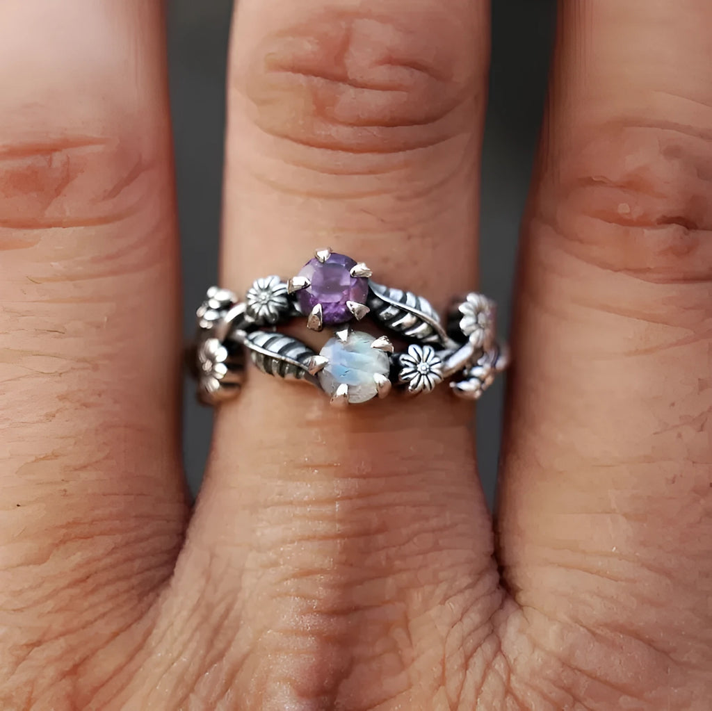 Silver zinc alloy flower ring with purple gemstone for women, available in sizes 6 to 10