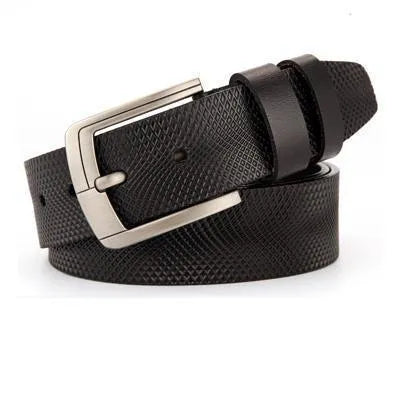 Men genuine leather belt in black colour with metal buckle on plain background showing full length