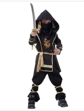 Children's Halloween cosplay costume set in black and gold with mask, armour, and accessories