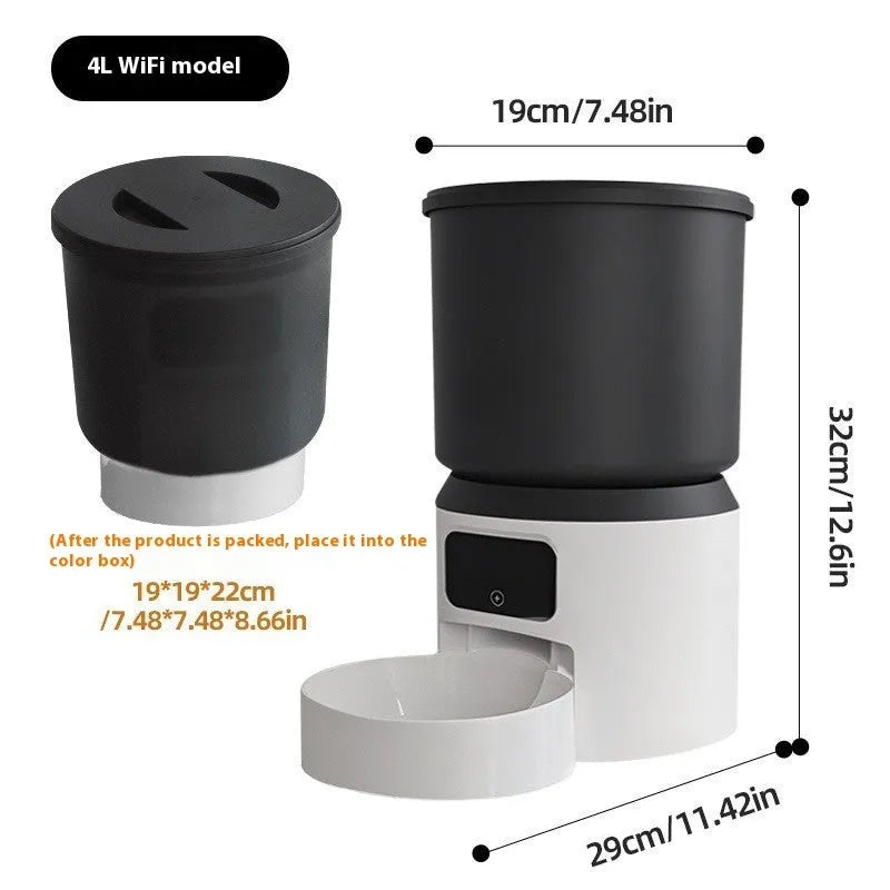 4L smart pet feeder with remote control and video camera on a kitchen floor