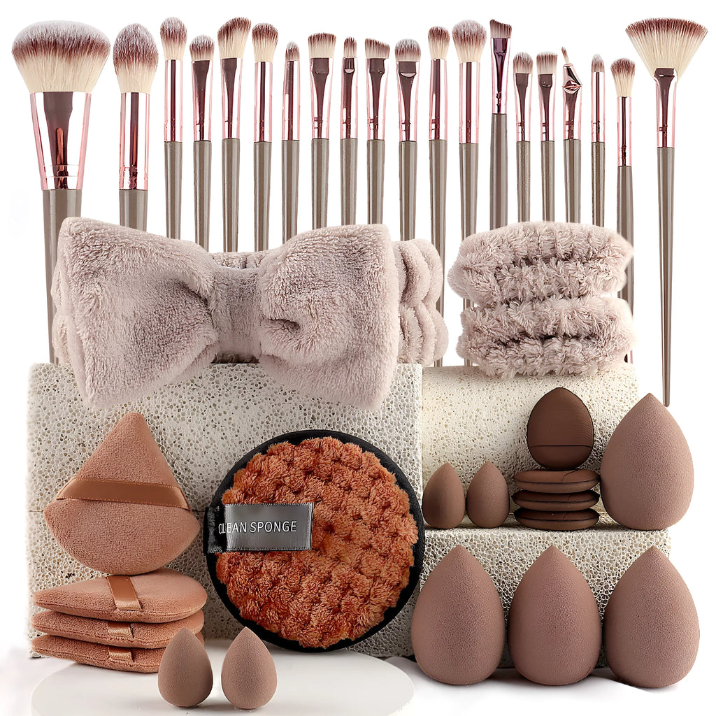 Hydrophilic non-latex beauty tool set with brown, pink, and purple makeup applicators