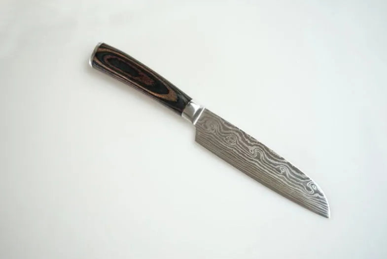 7Cr17 stainless steel kitchen knife with Damascus pattern blade and coloured wood handle on a cutting board.
