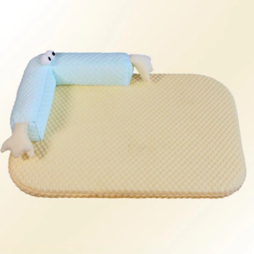 Blue pet bed cushion with big-eyed monster design, non-slip base, for dogs and cats.