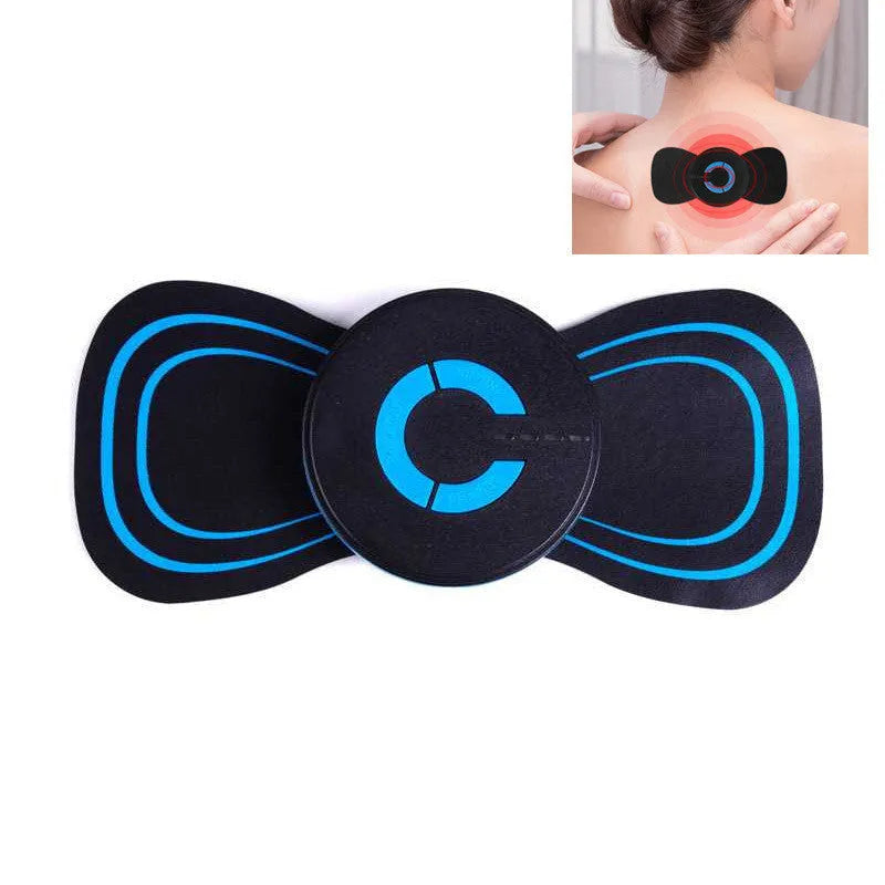 Black mini electric shoulder and neck massager with massage patch next to its 15cm long packaging.