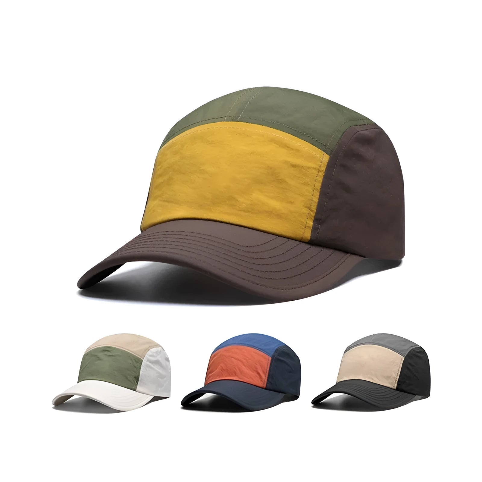 Men's khaki coloured cotton-polyester baseball cap with a curved brim and adjustable back strap on a wooden surface.