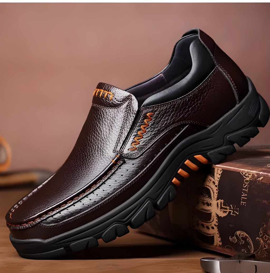Men's black and brown cowhide leather business casual slip-on shoes with rubber sole