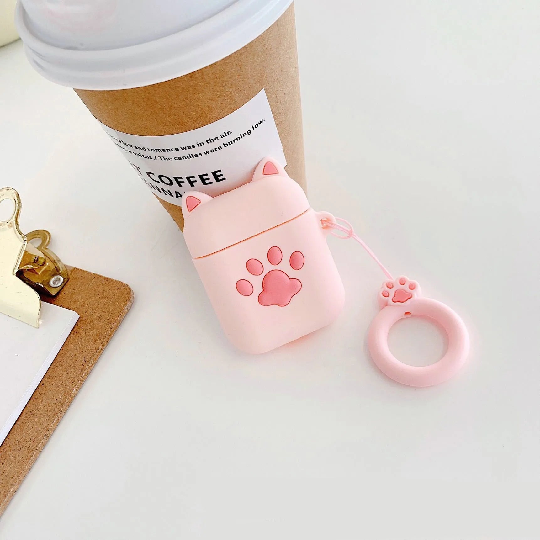 Cat claw silicone headphone case for Airpods with pink cat ear design and ring rope