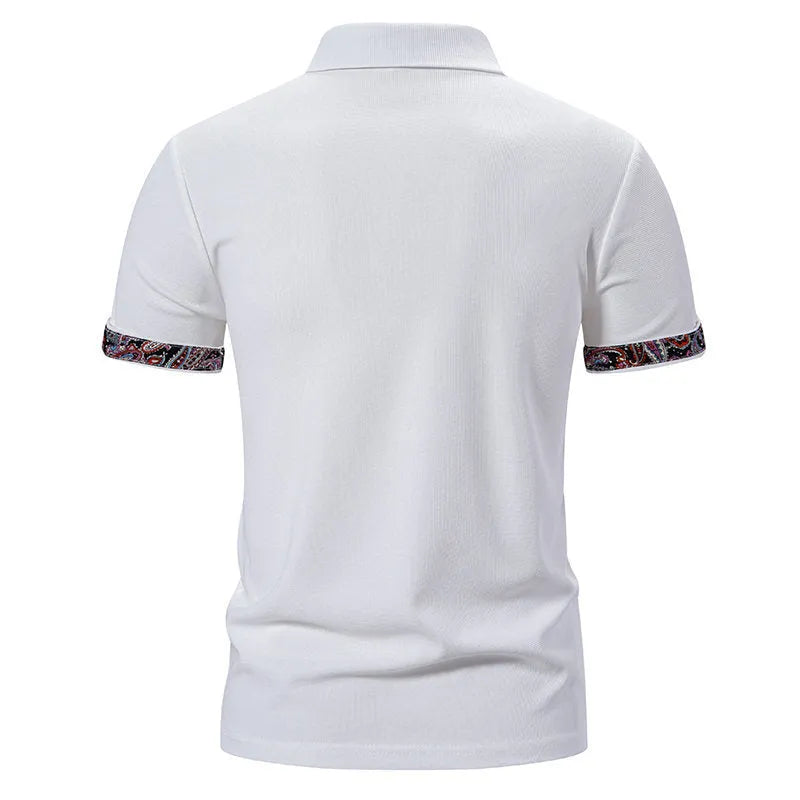 Men's navy blue polo shirt with a white-stitch detail on the turnover collar, short sleeves.