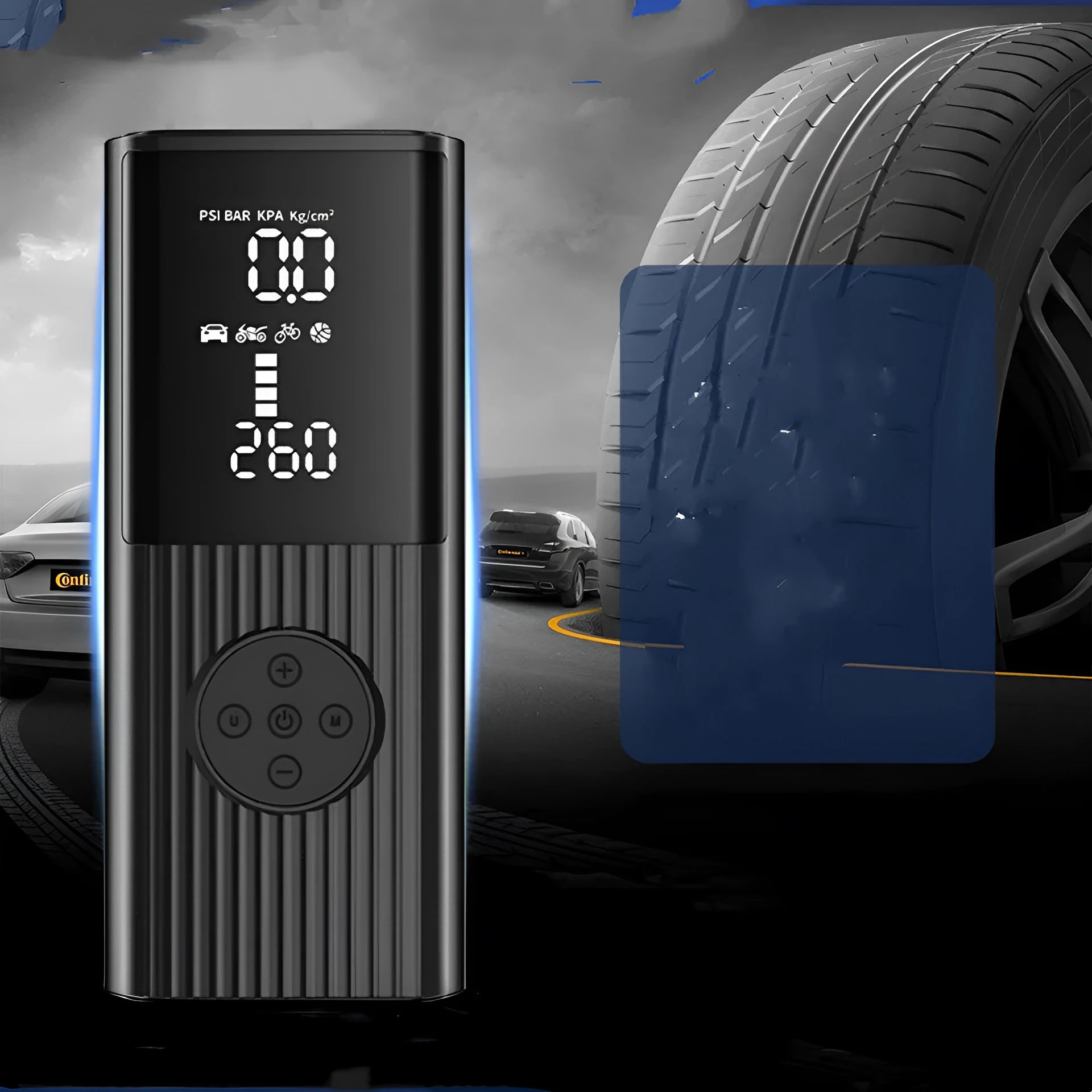 Wireless car tyre air compressor with digital display, lighting function, and multiple air nozzles