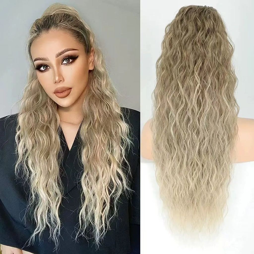 Long, fluffy curly synthetic ponytail wig in a high temperature fibre, shown in a 30-inch length.