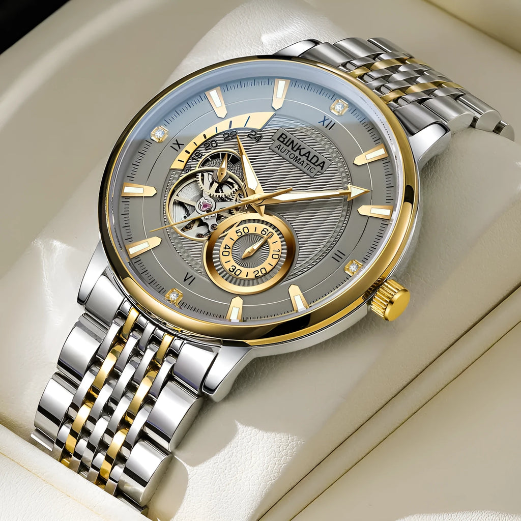 Men's full-automatic mechanical watch with gold and white dial, 9mm thick, business style