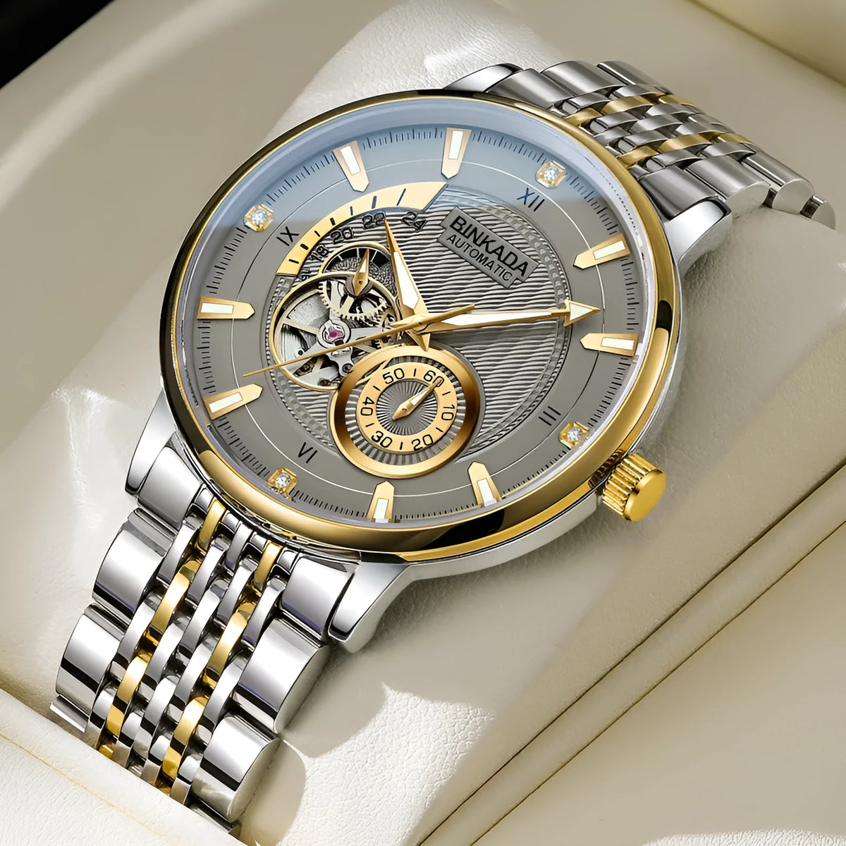 Men's full-automatic mechanical watch with gold and white dial, 9mm thick, business style