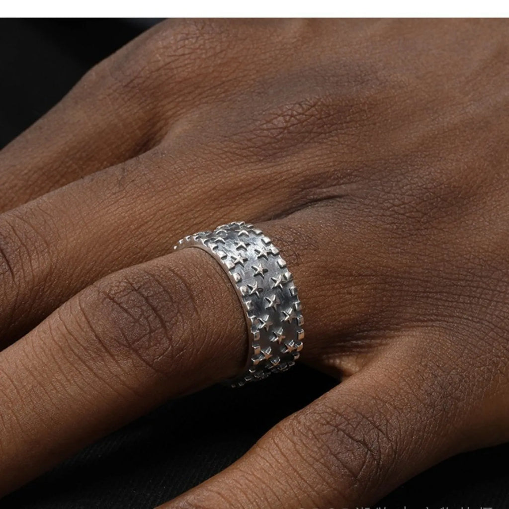 Adjustable sterling silver ring with multi five-pointed star geometric pattern