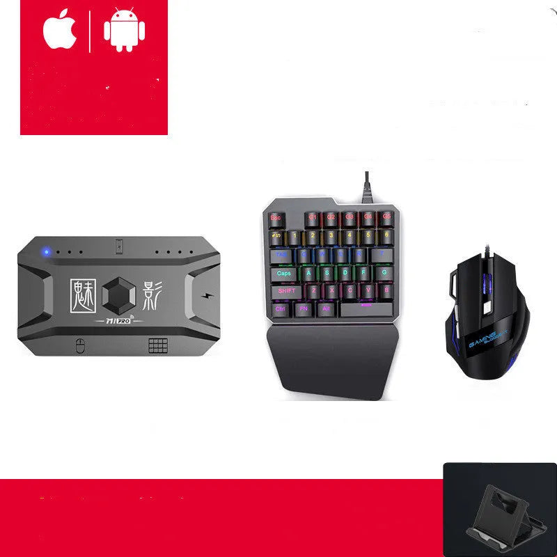 Grey mobile gaming keyboard mouse converter set with ABS throne for Android and Apple devices