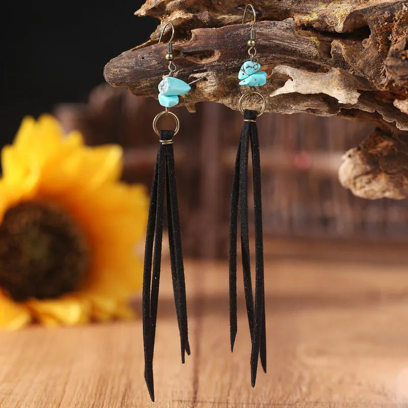 Retro long turquoise leather tassel earrings with geometric shape for women