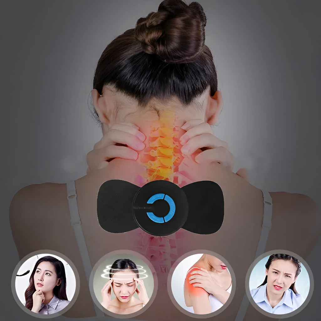 Black mini electric shoulder and neck massager with massage patch next to its 15cm long packaging.