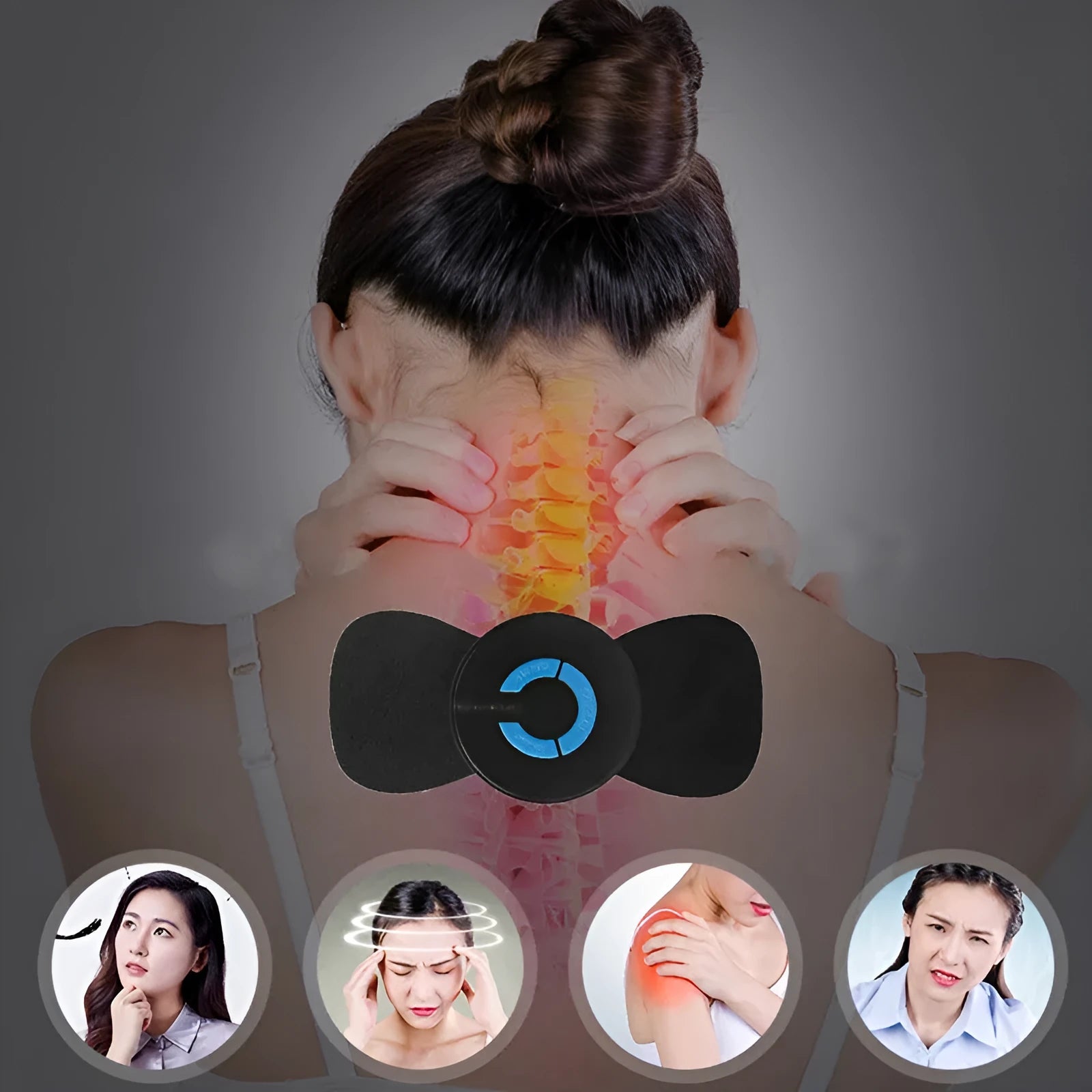 Black mini electric shoulder and neck massager with massage patch next to its 15cm long packaging.