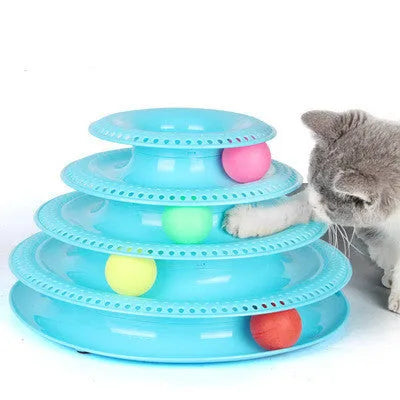Four-layer cat turntable ball tower track toy with colourful rolling ball on a plastic base, size 16x29cm, pink colour option