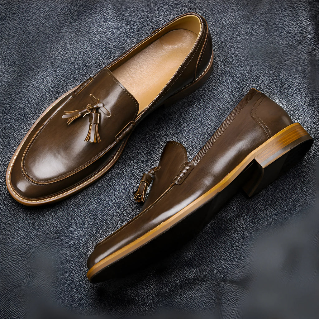Wood grain tassel loafers – business formal slip-on shoes with PU upper and composite sole