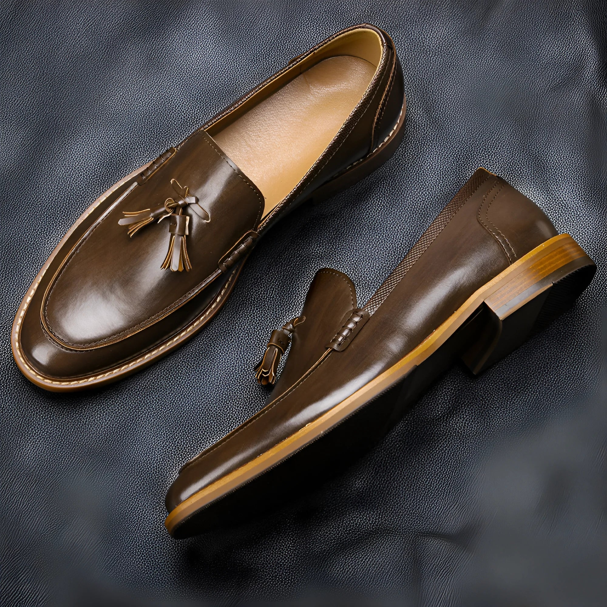 Wood grain tassel loafers – business formal slip-on shoes with PU upper and composite sole